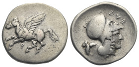CORINTHIA. Corinth. 345-307 BC. Stater (Silver, 24.00 mm, 8.25 g). Pegasos flying left; below, koppa. Rev. Head of Athena right, wearing Corinthian he...