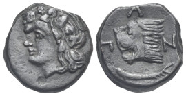 CIMMERIAN BOSPOROS. Pantikapaion, circa 310-303 BC. Bronze (Bronze, 20.95 mm, 8.28 g). Head of beardless satyr to left, wreathed with ivy. Rev. Π-Α-Ν ...