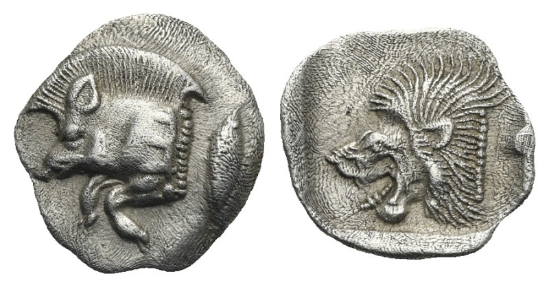 MYSIA. Kyzikos. Circa 450-400 BC. Obol (Silver, 11.99 mm, 0.79 g). Forepart of b...