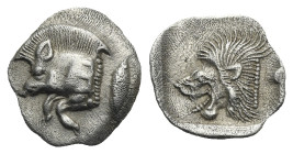 MYSIA. Kyzikos. Circa 450-400 BC. Obol (Silver, 11.99 mm, 0.79 g). Forepart of boar left, E retrograde mark on shoulder, tunny fish right. Rev. Head o...