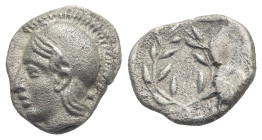 AEOLIS. Elaia. Circa 460-400 BC. Diobol (Silver, 9.58 mm, 1.23 g). Head of Athena left wearing crested helmet. Rev. Laurel wreath. SNG Copenhagen 166....