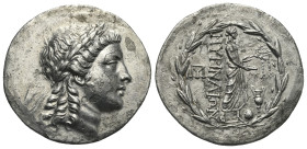 AEOLIS. Myrina. Circa 160-143 BC. Tetradrachm (Silver, 32.66 mm, 15.82 g). Stephanophoric type. Laureate head of Apollo right with long hair in ringle...