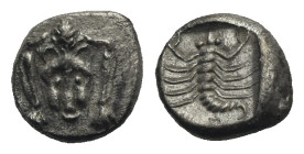 CARIA, Mylasa. Circa 450-400 BC. Obol (Silver, 7.78 mm, 0.60 g). Facing forepart of lion. Scorpion, tail to right. SNG Kayhan 934-8; SNG Copenhagen (C...