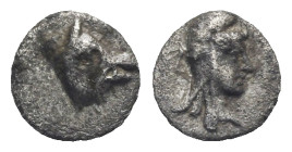 CARIA. Uncertain. Circa 400-340 BC. Hemiobol (Silver, 7.34 mm, 0.34 g). Head of boar right. Rev. Head of Attis right, wearing Phrygian cap. SNG Kayhan...