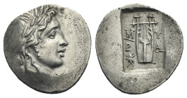 LYCIAN LEAGUE. Myra. Circa 40-35 BC. Hemidrachm (Silver, 24.63 mm, 1.78 g). Laureate head of Apollo right; [Λ-Y] across neck. Rev. Lyre; M-Y/P-A acros...