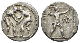 PAMPHYLIA. Aspendos. Circa 380/75-330/25 BC. Stater (Silver, 21.82 mm, 10.64 g). Two nude wrestlers head to head beginning to grapple with each other ...