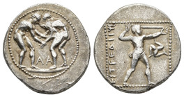 PAMPHYLIA. Aspendos. Circa 380/75-330/25 BC. Stater (Silver, 23.60 mm, 10.78 g). Two nude wrestlers head to head beginning to grapple with each other ...