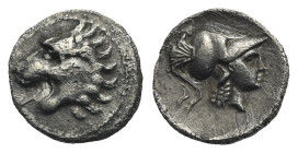PAMPHYLIA. Side. Circa 370-360 BC. Obol (Silver, 10.82 mm, 0.56 g). Head of a lion with open jaws to left. Rev Head of Athena to right, wearing creste...