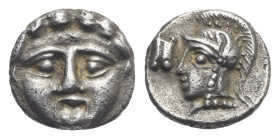 PISIDIA. Selge. Circa 350-290 BC. Obol (Silver, 9.02 mm, 0.92 g). Gorgoneion facing. Rev. Helmeted head of Athena left; astragalos in left field. SNG ...
