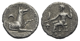 LYCAONIA. Laranda. Circa 324/3 BC. Obol (Silver, 10.29 mm, 0.60 g). Baaltars seated left, holding grain ear and grape bunch in his right hand and scep...