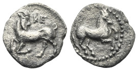 CILICIA. Kelenderis. 4th century BC. Obol (Silver, 11.17 mm, 0.66 g). Horse prancing right. Rev. Goat kneeling left, its head turned back to right. KE...