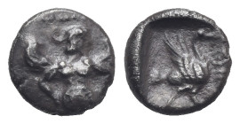 CILICIA. Mallos. Circa 425-385 BC. Obol (Silver, 8.57 mm, 0.70 g). Half-length bust of winged figure facing, head to right, holding solar disk in both...