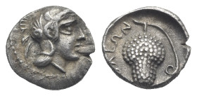 CILICIA. Soloi. Circa 400-350 BC. Obol (Silver, 9.31 mm, 0.76 g). Helmeted head of Athena right, wearing crested Corinthian helmet. Rev. Grape bunch, ...