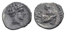 CILICIA. Tarsos. Tiribazos, satrap of Lydia, 388-380 BC. Obol (Silver, 9.84 mm, 0.61 g). Head of a youthful male to right. Rev. Female kneeling to lef...