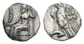 CILICIA. Tarsos. Circa 361-333 BC or later. Obol (Silver, 9.86 mm, 0.79 g). Baaltars bare chest seated left on throne, holding large grain ear above b...