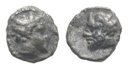 CILICIA. Uncertain mint. Circa 380 BC. Tetartemorion (Silver, 4.99 mm, 0.12 g). Youthful male head to right; border of dots. Rev. Bearded head of Pan ...