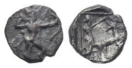 CILICIA. Uncertain mint. Circa 4th century BC. Obol (Silver, 8.32 mm, 0.57 g). Herakles advancing right, wielding club and bow. Rev. Persian king gras...