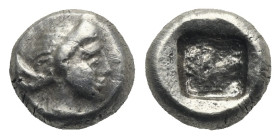 ASIA MINOR. Uncertain mint. 5th-4th centuries BC. Obol (Silver, 6.25 mm, 0.51 g). Helmeted head right. Rev. Incuse square. SNG Kayhan-. SNG ANS -. Asi...