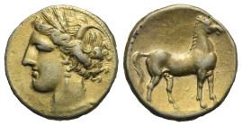 ZEUGITANIA. Carthage. Circa 290-270 BC. Stater (Electrum, 18.68 mm, 7.39 g). Head of Tanit to left, wearing wreath of grain ears, triple-pendant earri...