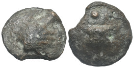 APULIA. Luceria. Anonymous Cast Biunx, circa 217-212 BC. (Bronze, 25.39 mm, 16.84 g). Scallop shell. Rev. Astragalos; above •• (mark of value); below ...