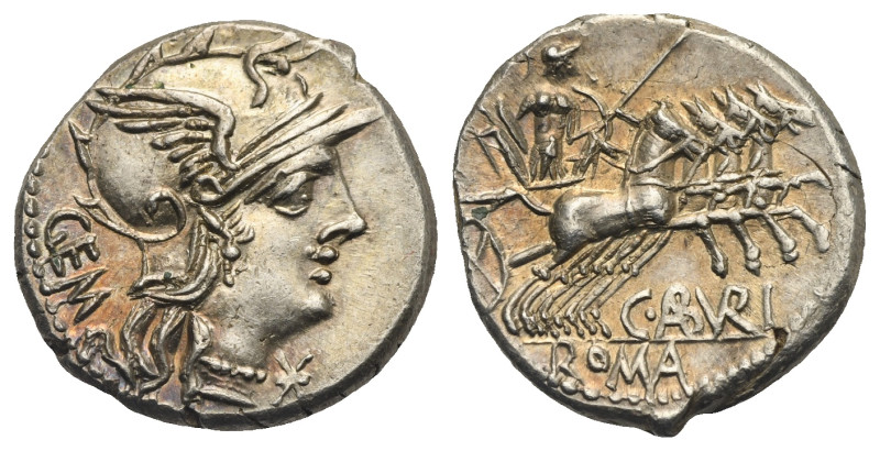 C. Aburius Geminus, 134 BC. Denarius. (Silver, 18.51 mm, 3.87 g). Rome. Helmeted...