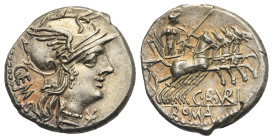 C. Aburius Geminus, 134 BC. Denarius. (Silver, 18.51 mm, 3.87 g). Rome. Helmeted head of Roma to right; GEM behind, mark of value below chin, star. Re...