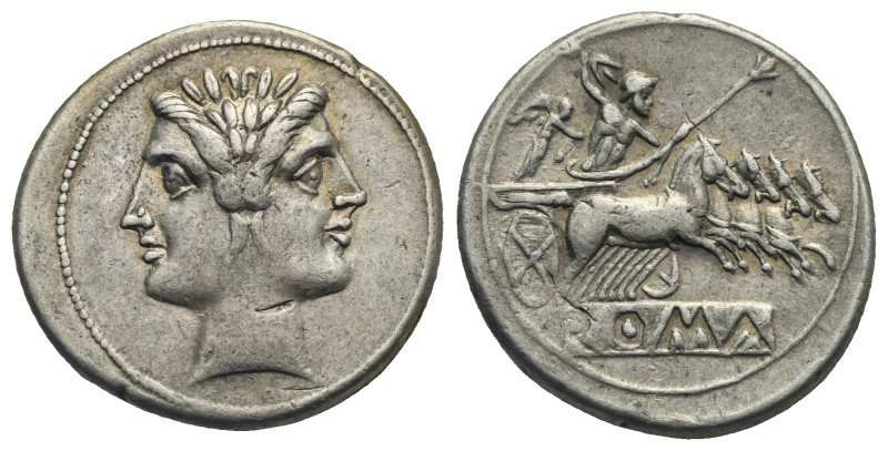 Anonymous. Quadrigatus (Silver, 23.68 mm, 6.73 g). Rome, 225-212 BC. Laureate yo...