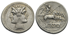 Anonymous. Quadrigatus (Silver, 23.68 mm, 6.73 g). Rome, 225-212 BC. Laureate youthful head of Janus. Rev. ROMA in incuse rectangular tablet below. Ju...
