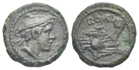 Anonymous. Circa 215-212 BC. Semuncia (Bronze, 18.40 mm, 4.21 g). Post semi-libral series. Rome. Bust of Mercury right slightly draped, wearing petasu...