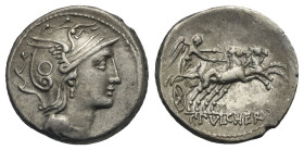 C. Claudius Pulcher, circa 110-109 BC. Denarius (Silver, 18.1 mm, 3.67 g). Rome. Head of Roma to right, wearing winged helmet, pendant earring and pea...