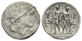 L. Memmius, 109-108 BC. Denarius (Silver, 20.04 mm, 3.80 g). Rome. Youthful male head right wearing oak wreath, X (value mark) to right below chin. Re...