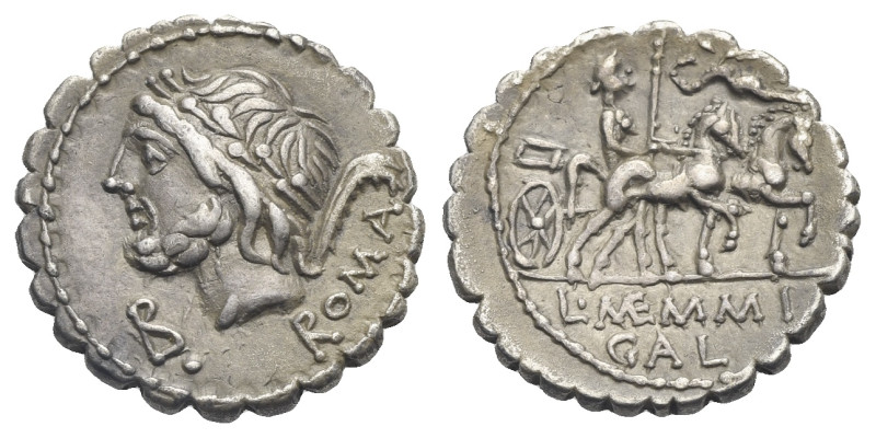 L. Memmius Galerius, 106 BC. Serrate Denarius (Silver, 19 mm, 3.97g). Rome. Laur...