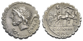L. Memmius Galerius, 106 BC. Serrate Denarius (Silver, 19 mm, 3.97g). Rome. Laureate head of Saturn left; B before; behind, arpa and ROMA. Rev. Venus ...