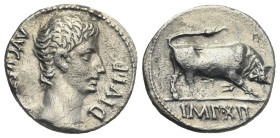 Augustus. 27 BC-AD 14. Denarius (Silver, 18.30 mm, 3.80 g). Lugdunum, 11-10 BC.. AVG[VSTV]S DIVI · F, bare head right. Rev. Bull butting right, IMP · ...