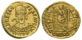 The Ostrogoths, Odovacar, 476-493. Solidus struck in the name of Zeno (Gold, 19.9 mm, 4.38 g). Mediolanum, circa 477-480. DN ZENO PE RP AVC Pearl-diad...