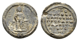 Samuel Alousianos, proedros and doux. Seal (Lead, 25.25 mm, 17.20 g). Circa 11th century. The Virgin Mary draped and nimbate, seated facing on backles...