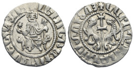 ARMENIA. Cilician Armenia. Royal. Levon I, 1198-1219. Tram (Silver, 21.46 mm, 2.92 g). 'By the will of God' (in Armenian) Levon I seated facing on thr...