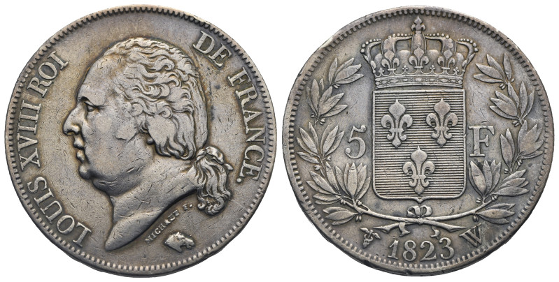 FRANCE. Louis XVIII, 1815-1824. 5 Francs 1823 W. (Silver, 37.14 mm, 24.71 g). LO...