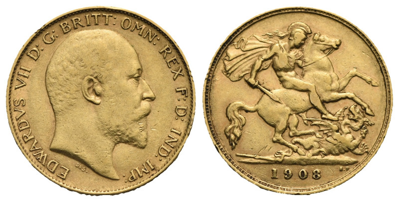 GREAT BRITAIN. Edward VII, 1901-1910. 1/2 Sovereign 1908 (Gold, 19.39 mm, 3.97 g...