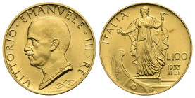 ITALY. Kingdom. Victor Emanuel III, 1900-1946. AV 100 Lire 1933 XI E. F. (Gold, 23.73 mm, 8.80 g). Roma. VITTORIO EMANVELE III RE Bare head left. Rev....