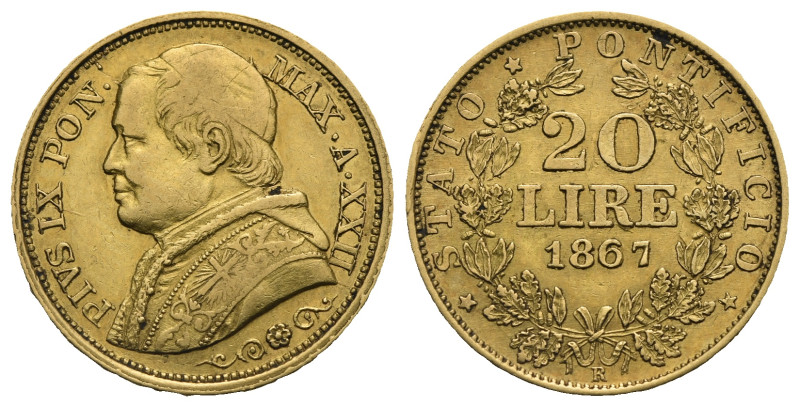 ITALY. Papal States. Pio IX (3rd period), 1846-1878. 20 Lire 1867-R, ANNO XXII (...