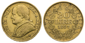ITALY. Papal States. Pio IX (3rd period), 1846-1878. 20 Lire 1867-R, ANNO XXII (Gold, 21.54 mm, 6.41 g). Rome, engraver Carl Friedrich Voigt. PIVS IX ...