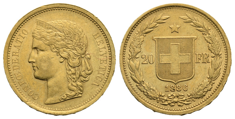 SWITZERLAND. 20 Francs 1886 (Gold, 21.22 mm, 6.44 g). Bern. CONFŒDERATIO HELVETI...
