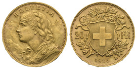 SWITZERLAND. 20 Francs 1926-B (Gold, 19.05 mm, 3.22 g). Bern. HELVETIA Bust of young woman from Oberhasli facing left, with braided hair and a garland...
