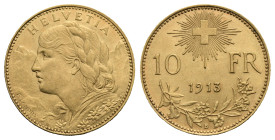 SWITZERLAND. 10 Francs 1913-B (Gold, 19.00 mm, 3.22 g). Bern. HELVETIA Bust of young woman from Oberhasli facing left, with braided hair and a garland...