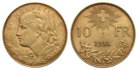 SWITZERLAND. 10 Francs 1914-B (Gold, 19.05 mm, 3.22 g). Bern. HELVETIA Bust of young woman from Oberhasli facing left, with braided hair and a garland...