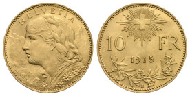 SWITZERLAND. 10 Francs 1915-B (Gold, 19.05 mm, 3.22 g). Bern. HELVETIA Bust of young woman from Oberhasli facing left, with braided hair and a garland...
