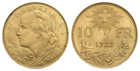 SWITZERLAND. 10 Francs 1922-B (Gold, 19.04 mm, 3.22 g). Bern. HELVETIA Bust of young woman from Oberhasli facing left, with braided hair and a garland...