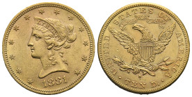 UNITED STATES OF AMERICA. 'Liberty Head' Eagle 10 Dollars 1881-S (Gold, 26.88 mm, 16.70 g). San Francisco. Designer: Christian Gobrecht. Liberty (coro...