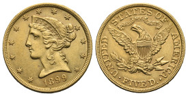 UNITED STATES OF AMERICA. 'Liberty Head' Eagle 5 Dollars 1906 (Gold, 21.51 mm, 8.34 g). Philadelpia. Designer: Christian Gobrecht. Liberty (coronet he...